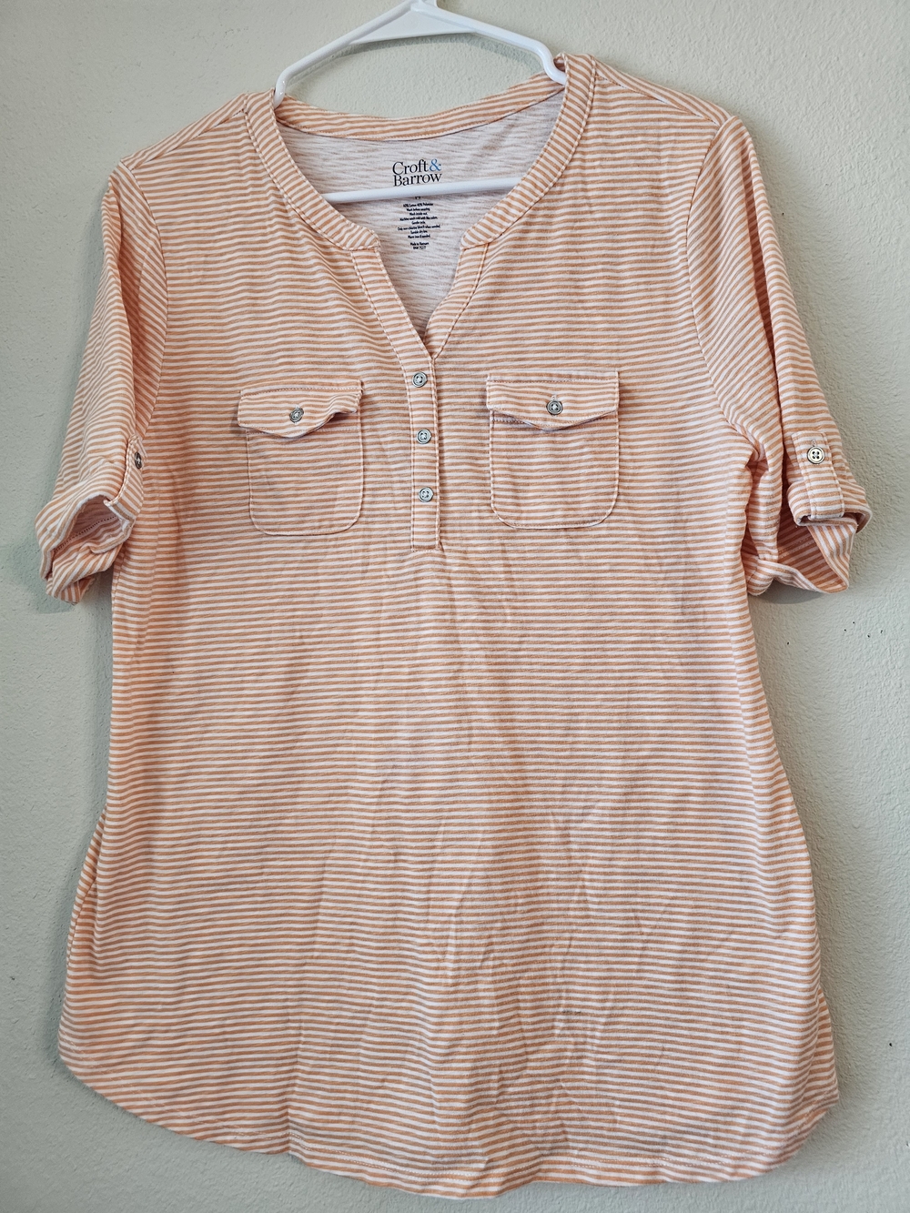 croft & barrow Peach and White Striped Short Sleeve Henley Tee